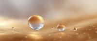 Transparent water drops on golden surface with soft bokeh background and reflective spherical droplets creating artistic macro photography effect.