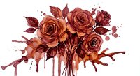Watercolor roses bouquet with paint drips and splatters in warm burgundy tones, floral arrangement with artistic paint effects for romantic designs.
