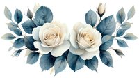 Elegant white roses with dusty blue leaves arranged in symmetrical composition on isolated background. Watercolor style floral arrangement for wedding design.