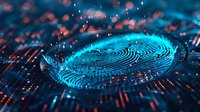 Futuristic digital fingerprint scan with glowing blue light on circuit board background, representing biometric security technology.