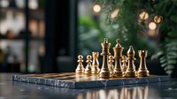 Golden chess pieces arranged on marble board with soft bokeh lights and greenery in background, creating luxurious atmosphere for strategic gameplay and business concepts.