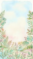 Soft watercolor botanical frame with pastel wildflowers, ferns, and tropical leaves on a dreamy gradient background with copy space.