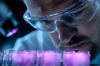 Male scientist in protective eyewear examining glowing purple samples in laboratory setting. Dark atmospheric lighting creates dramatic research environment.