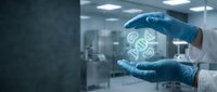 Healthcare professional in blue gloves holding holographic DNA molecule in modern laboratory for medical research and genetic science applications.