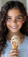 Cheerful mixed race girl with curly dark hair and freckles enjoying ice cream cone with chocolate chip flavor. Natural lighting highlights genuine smile.