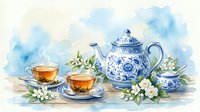 Watercolor tea set with blue and white porcelain teapot, cups of hot tea, and jasmine flowers on a soft blue background.