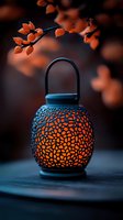Glowing ornate lantern with intricate pattern casting warm orange light, beneath autumn leaves on dark moody background. Atmospheric garden decoration.