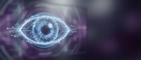 Futuristic digital eye with glowing blue circuits and data streams on purple background for technology and artificial intelligence concepts.