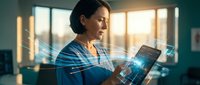 Middle-aged Asian businesswoman using digital tablet with holographic data visualization in modern office during golden hour for technology presentations.