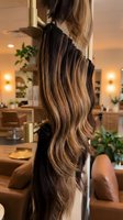Professional hairstylist creating balayage highlights on long wavy hair using foil technique in modern salon with warm lighting and natural decor.
