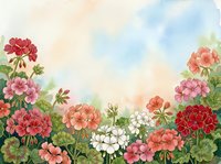 Watercolor geranium flowers border frame with colorful blooms and green leaves on soft pastel background for spring garden design projects.