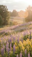 Dreamy wildflower meadow with purple lupines and golden blooms at sunset, soft warm light filtering through trees creating peaceful countryside atmosphere.
