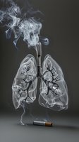 Cigarette smoke forming lungs shape with lit cigarette below, depicting smoking health risks and respiratory damage from tobacco use.