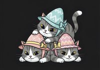 Three adorable cartoon cats wearing decorative Easter hats and pastel outfits, isolated on dark background. Perfect for Easter greeting cards, children's illustrations, and festive designs.