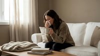 Woman with dark hair and fair complexion sitting on bed blowing nose into tissue, wearing brown cardigan, surrounded by books and blanket, natural window light, depicting cold or flu symptoms for health and wellness content.