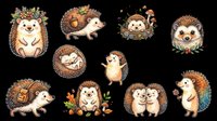Cute hedgehog clipart set with ten charming characters in various poses, isolated on transparent background, ready for stickers, t-shirt design, and print on demand.