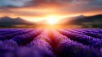 Purple lavender field rows stretching toward golden sunset with mountain silhouettes and dramatic sky. Agricultural landscape for aromatherapy and wellness.
