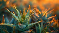 Succulent aloe vera plant with spiky green leaves illuminated by warm golden sunset light, creating a dramatic natural contrast in garden setting.