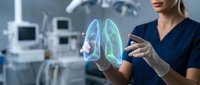Female doctor examining holographic lung projection in modern medical facility for respiratory health diagnosis and treatment planning.