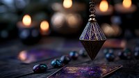Ornate metal lantern with intricate geometric patterns glowing warmly on wooden surface with colorful beads and decorative elements in atmospheric evening setting.