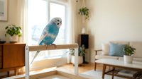 Blue budgie perched on wooden stand in bright living room with natural light, potted plants, and mid-century furniture for pet care and home decor content.