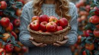 Woman in cozy knit sweater holding wicker basket full of freshly picked red apples against blurred orchard background during autumn harvest season.