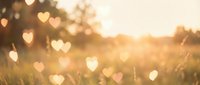 Romantic golden hour background with heart-shaped bokeh lights over blurred meadow grass, perfect for Valentine's Day and love-themed designs.