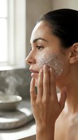 Young woman applying exfoliating face scrub in bathroom for skincare routine and beauty treatment.