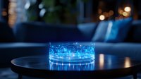 Glowing blue holographic city skyline projection on round table with bokeh lights in dark room creating futuristic atmosphere for technology concepts.
