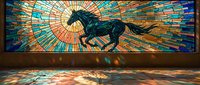 Stunning stained glass horse artwork with radiant sunburst pattern casting colorful light reflections on floor in elegant interior space.
