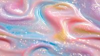 Dreamy pastel swirls with glitter effect create ethereal abstract background in pink, blue and gold tones, featuring fluid marble-like texture and sparkles.