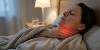 Middle-aged Caucasian woman experiencing sore throat pain while resting in bed at home, highlighting common cold or flu symptoms for health concepts.