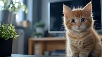 Adorable ginger kitten with wide eyes and fluffy fur sitting at home office desk near plant and computer monitor, looking directly at camera with curious expression.