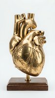 Golden anatomical human heart sculpture on wooden base isolated on white background for medical education and artistic display.