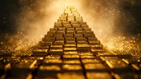 Stacked gold bars forming pyramid shape against dark background with golden particles and bokeh effects creating luxury wealth concept.