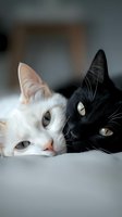 Close-up portrait of black and white cats lying together, showing contrasting colors and bright eyes against soft background, creating peaceful mood.