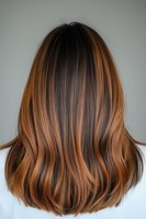 Back view of long wavy brown hair with copper balayage highlights styled in modern cut showing professional salon coloring technique and haircare result.