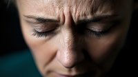 Close up portrait showing intense emotional expression with closed eyes and furrowed brow against dark background, conveying stress, pain or deep contemplation.