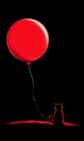 Minimalist red cat silhouette sitting alone watching large balloon against black background, artistic illustration style for emotional concept designs.