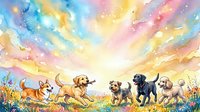 Playful puppies of various breeds running through colorful wildflower meadow under dreamy rainbow watercolor sky with soft pastel clouds and magical lighting.