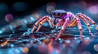 Colorful jumping spider on web with bokeh lights background in macro photography. Multiple eyes and detailed leg structure visible in vibrant pink and blue tones.