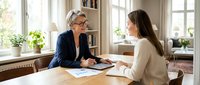 Professional mature businesswoman with glasses consulting young female client across wooden desk in bright modern office with large windows and plants.
