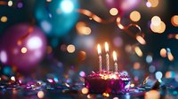 Festive birthday cupcake with lit candles against blurred bokeh lights background, creating magical celebratory atmosphere with purple and blue decorative elements.