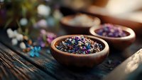 Aromatic dried flowers and herbs in rustic wooden bowls on dark textured table, soft natural lighting creates cozy atmosphere for wellness and spa concept.