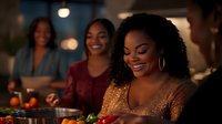Young African American woman with long curly hair wearing gold sequined top, smiling while preparing food at dinner party with friends in warm lit indoor setting.