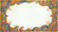 Ornate mandala border frame with intricate floral patterns in orange, blue, and gold tones on isolated white background, ready for design layouts.
