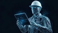 Digital construction worker with tablet analyzing blueprints in futuristic holographic interface for smart building technology and engineering projects.