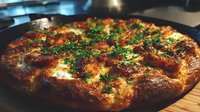 Homemade pizza with melted cheese and fresh herbs baked in cast iron skillet on wooden table ready to serve for dinner or lunch meal.