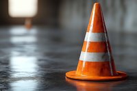 Orange and white striped traffic cone on dark reflective surface with blurred background, dramatic lighting creates shadow and depth for construction safety concept.