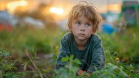 Thoughtful young child with tousled blonde hair wearing green sweater exploring nature at sunset, perfect for childhood development, education or wellness concepts.